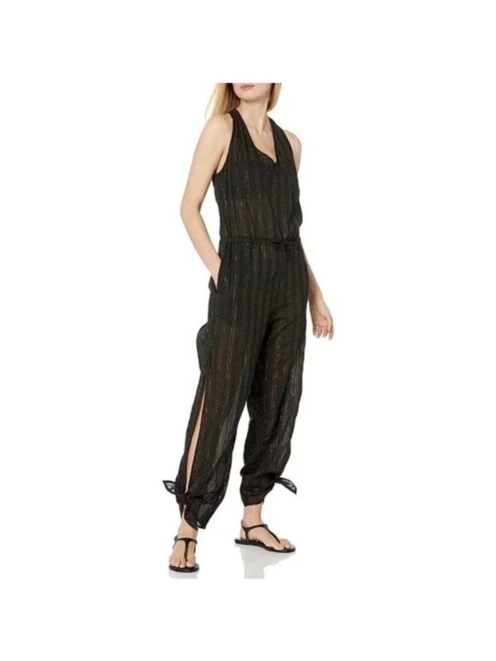 La Blanca Black Metallic Gold Pinstripe Coverup Jumpsuit - Picture 4 of 9